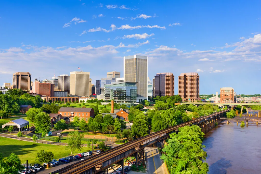 Richmond, Virginia, USA downtown skyline on the James River.